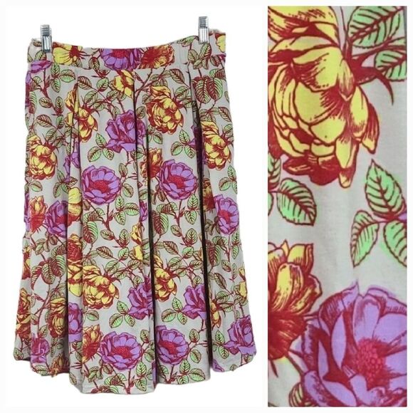 LuLaRoe Tan Floral Madison Box Pleated A-line Skirt w/ Pockets L 14/16 - Picture 1 of 9
